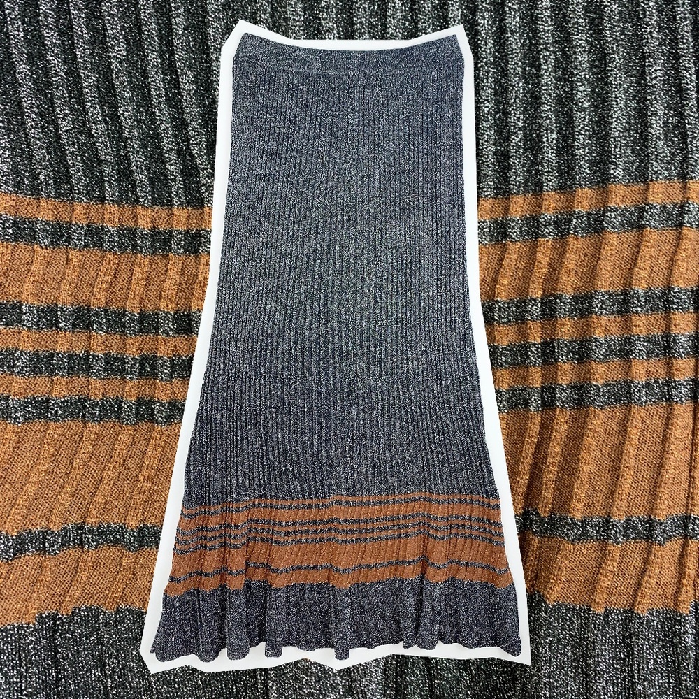 Sandro metallic pewter striped knit maxi skirt, size S